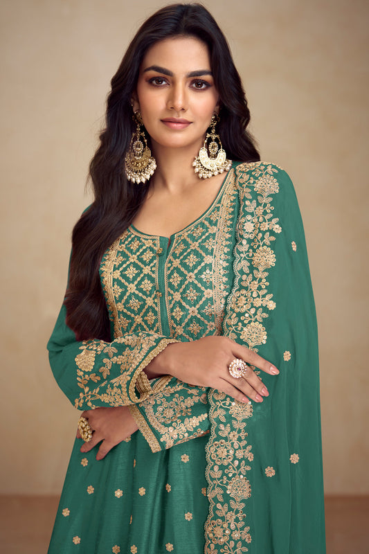 Green Sequin Embroidered Sharara Salwar Suit