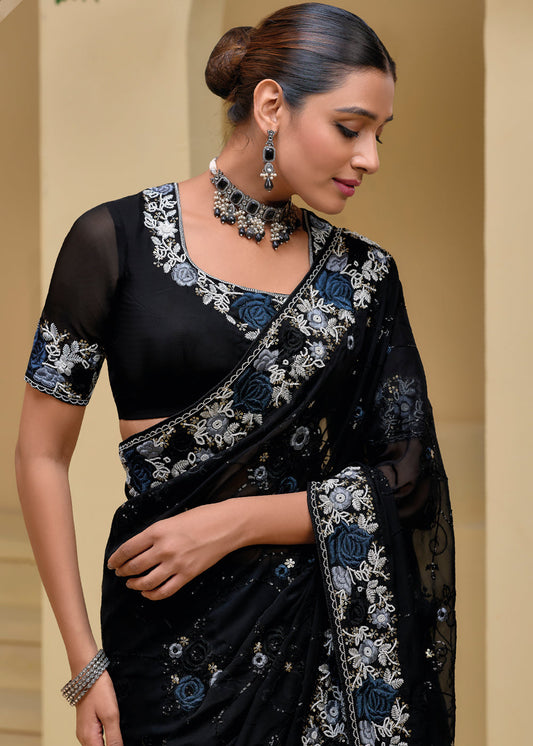 Black Thread Embroidered Party Wear Saree In Silk