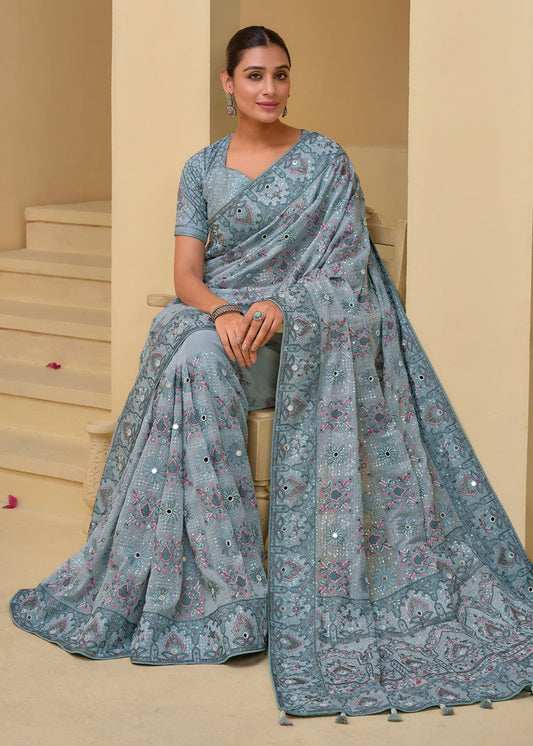 Grey Heavy Embroidered Party Wear Saree