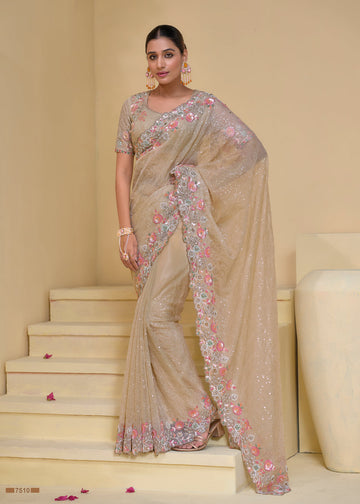 Cream Sequin Embroidered Banarasi Silk Saree