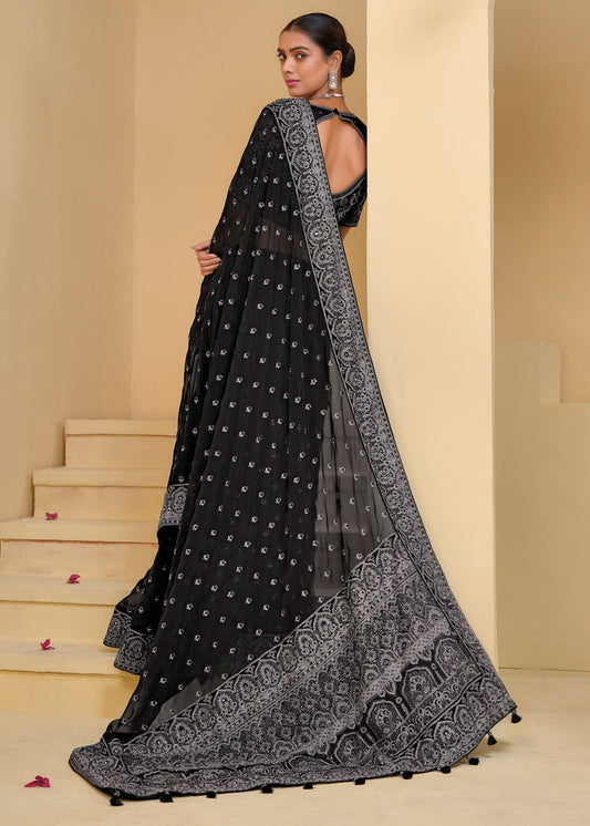 Black Embroidered Banarasi Silk Indian Saree