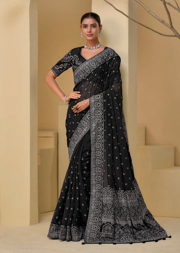 Black Embroidered Banarasi Silk Indian Saree