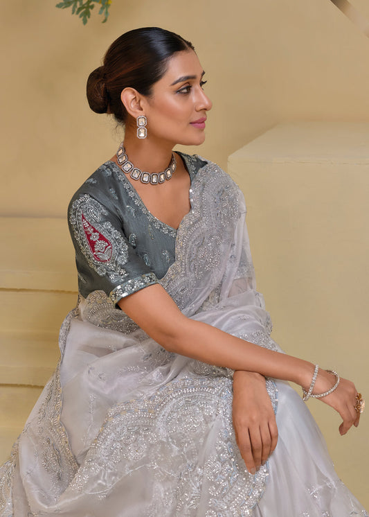 Grey Embroidered Saree In Banarasi Silk