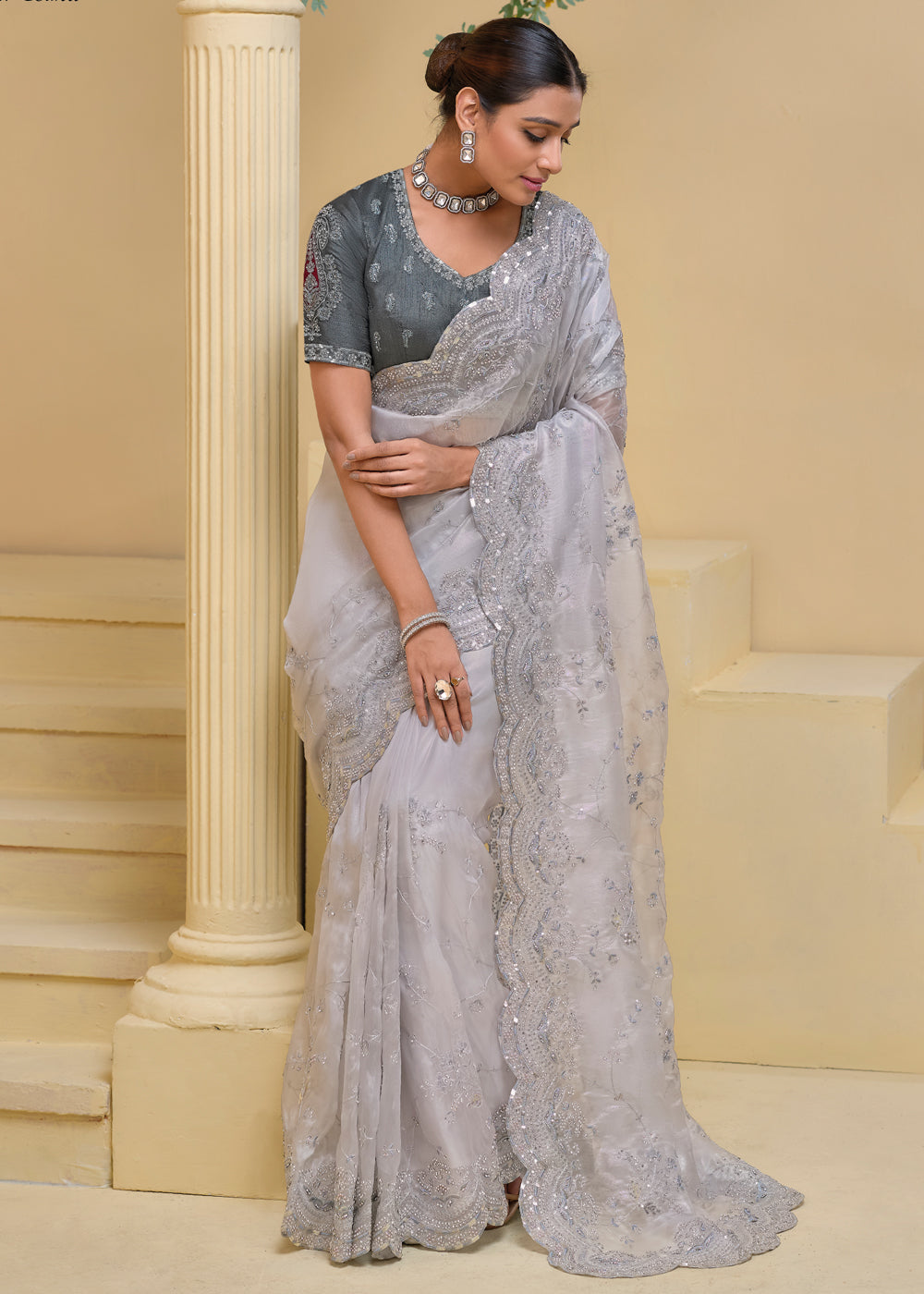 Grey Embroidered Saree In Banarasi Silk