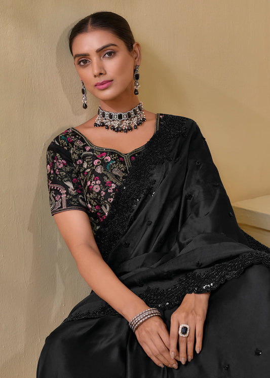 Black Heavy Embroidered Banarasi Silk Saree