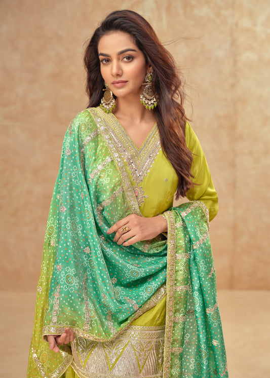 Green Zari Embroidered Silk Palazzo Suit