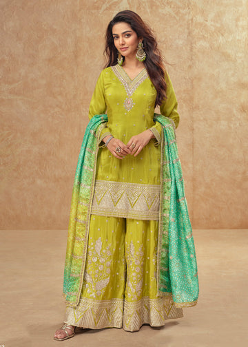 Green Zari Embroidered Silk Palazzo Suit