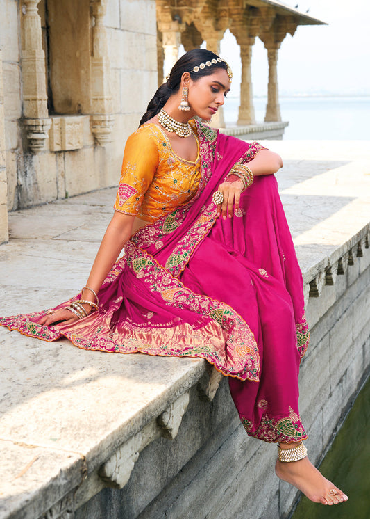 Rani Pink Heavy Work Bridal Saree In Banarasi Silk