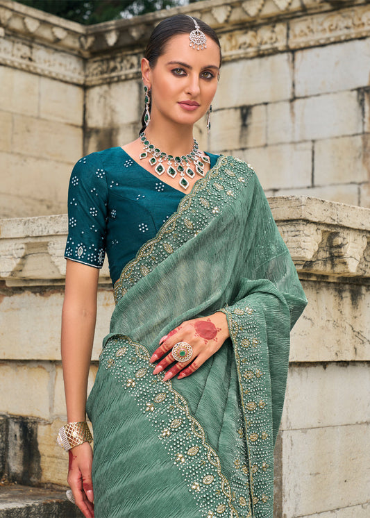 Green Tissue Silk Bridesmaid Saree In Mirror Work