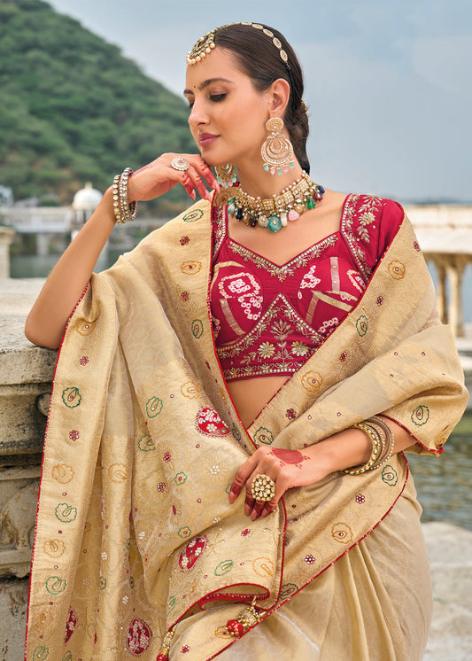 Beige Zari Woven Banarasi Silk Saree With Blouse