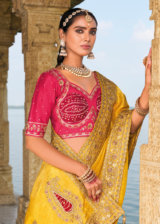 Yellow Embroidered Banarasi Silk Wedding Saree