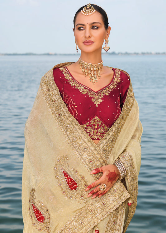 Beige Zari Silk Embroidered Wedding Saree In Silk