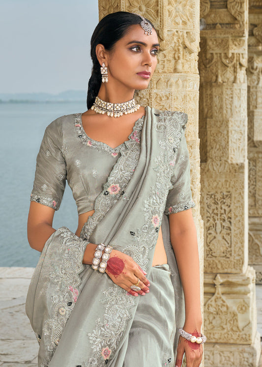 Grey Thread Embridered Indian Saree In Silk