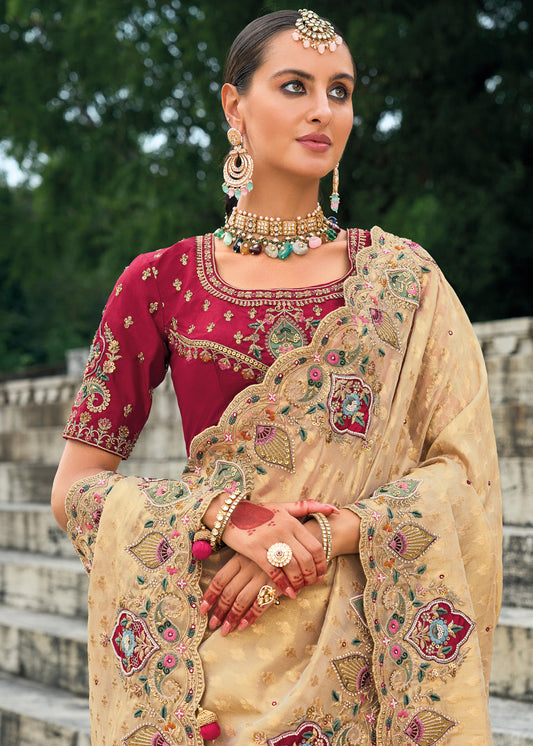 Beige Zari Silk Embroidered Bridal Saree In Silk