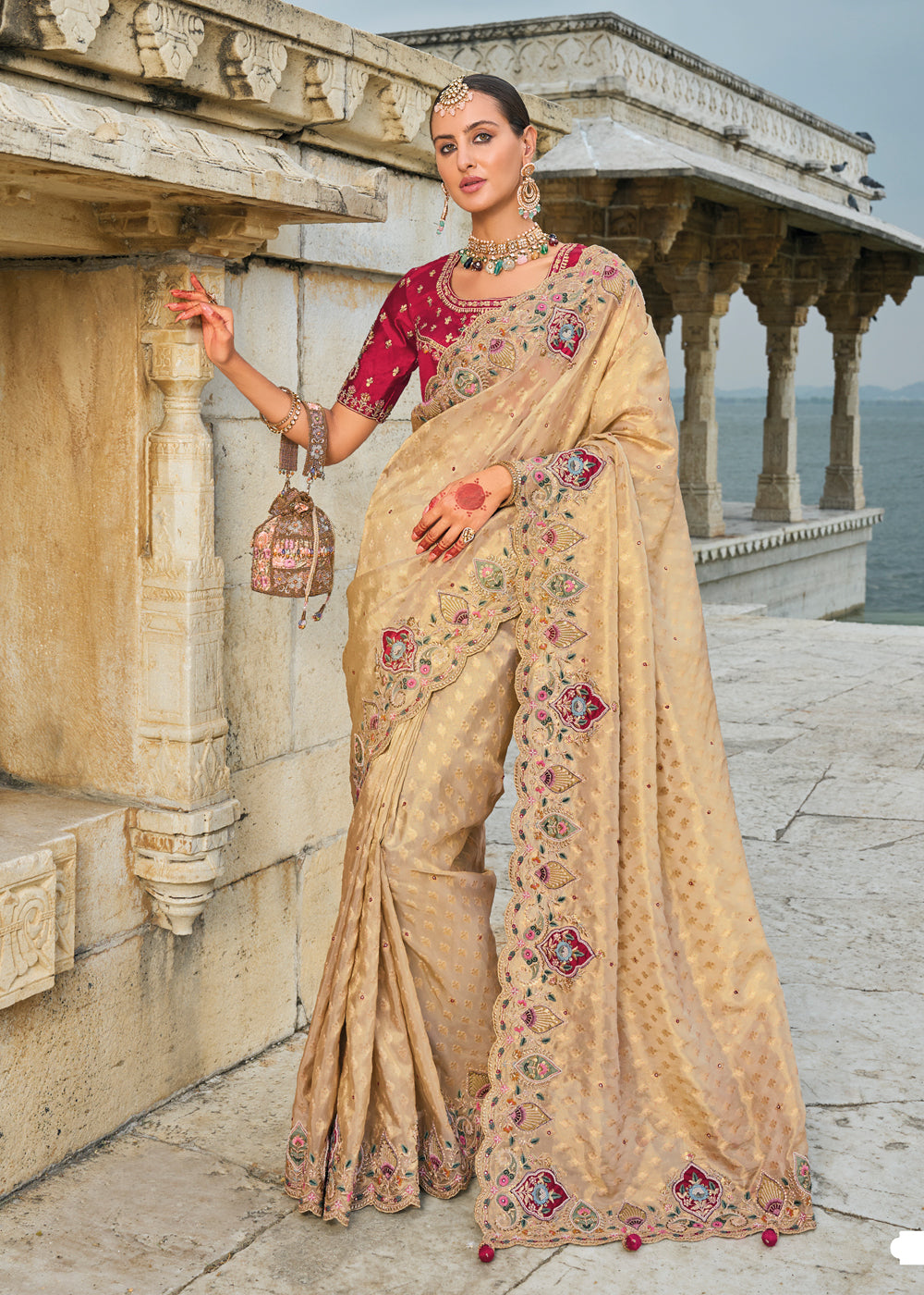 Beige Zari Silk Embroidered Bridal Saree In Silk