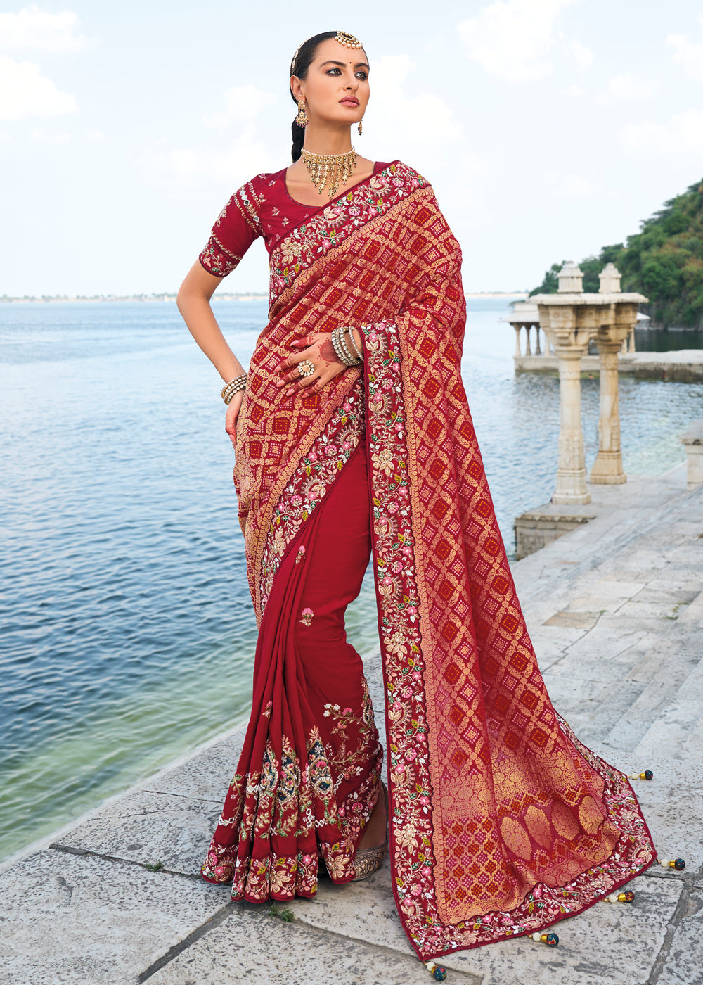 Red Heavy Zari Embroidered Bridal Saree In Silk