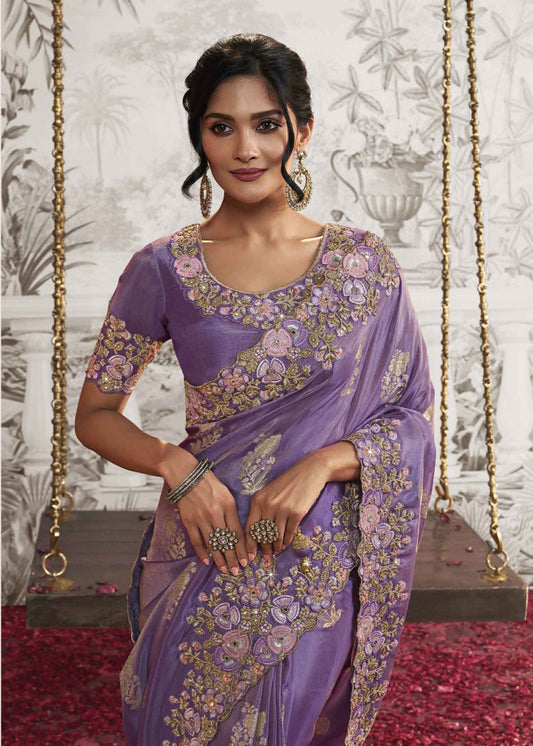 Lilac Heavy Embroidered Silk Saree