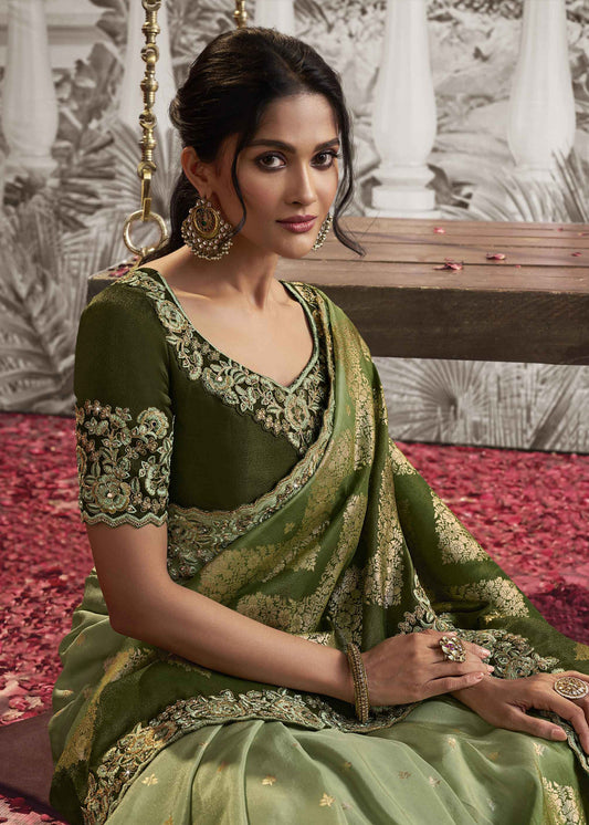 Green Heavy Embroidered Silk Saree