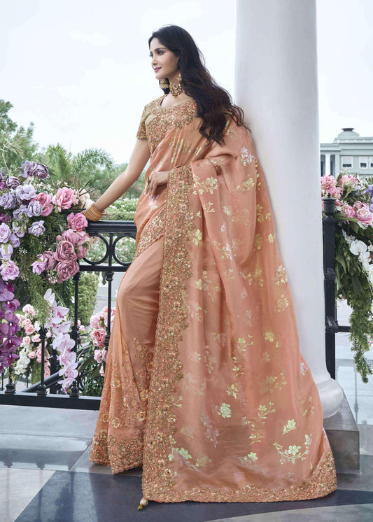 Peach Heavy Embroidered Stone Work Saree - Indian Paridhan 