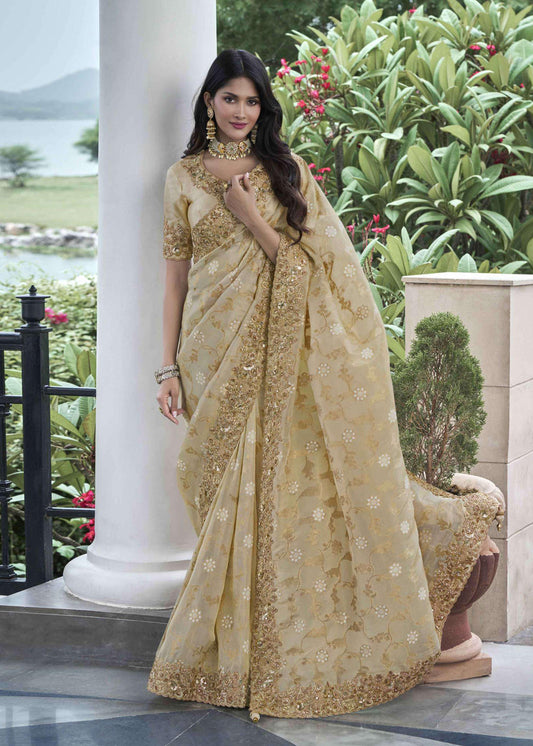 Beige Heavy Embroidered Mirror Work Saree - Indian Paridhan 