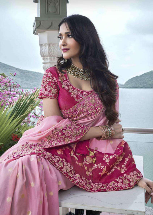 Shaded Pink Heavy Embroidered Indian Saree - Indian Paridhan 