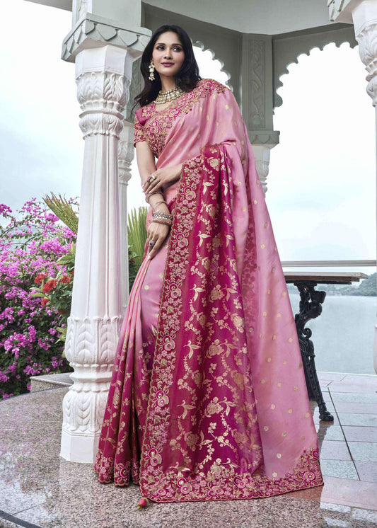 Shaded Pink Heavy Embroidered Indian Saree - Indian Paridhan 