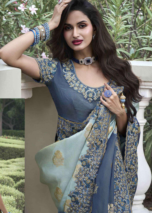 Shaded Grey Heavy Embroidered Saree In Silk - Indian Paridhan 