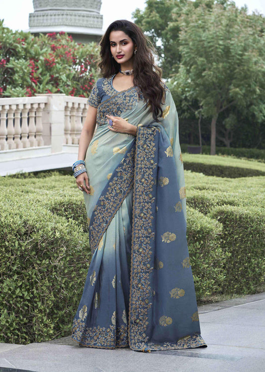 Shaded Grey Heavy Embroidered Saree In Silk - Indian Paridhan 