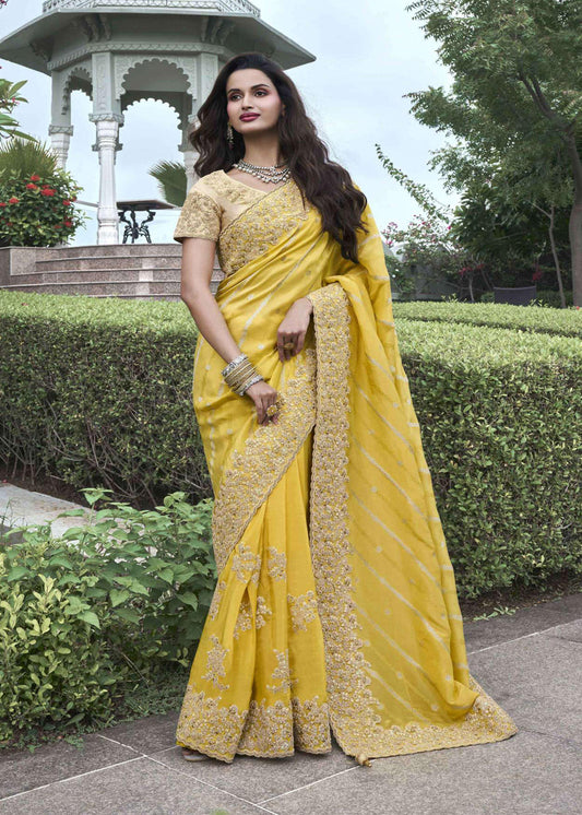 Yellow Heavy Embroidered Stone Work Saree - Indian Paridhan 