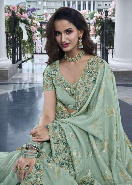 Green Heavy Embroidered Mirror Work Saree - Indian Paridhan 