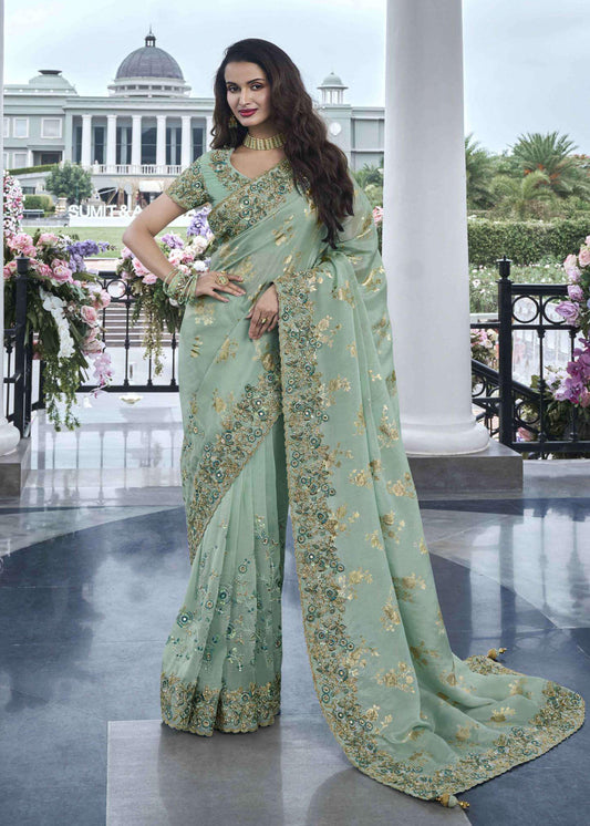 Green Heavy Embroidered Mirror Work Saree - Indian Paridhan 