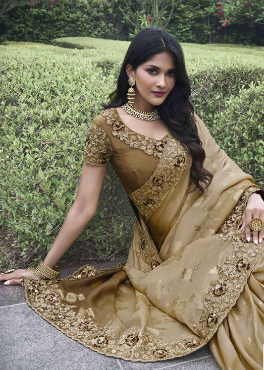 Brown Heavy Embroidered Saree In Silk - Indian Paridhan 