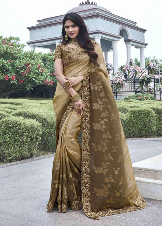 Brown Heavy Embroidered Saree In Silk - Indian Paridhan 