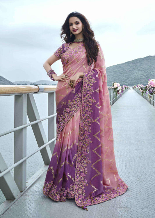 Shaed Pink Heavy Embroidered Stone Work Saree - Indian Paridhan 