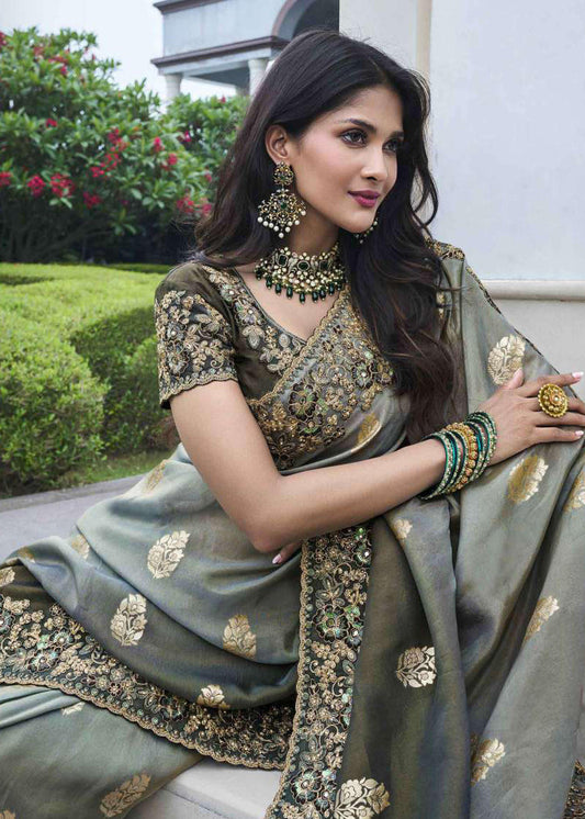 Grey Heavy Embroidered Saree In Silk - Indian Paridhan 