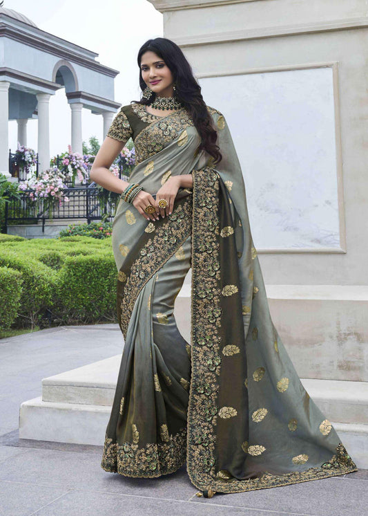 Grey Heavy Embroidered Saree In Silk - Indian Paridhan 