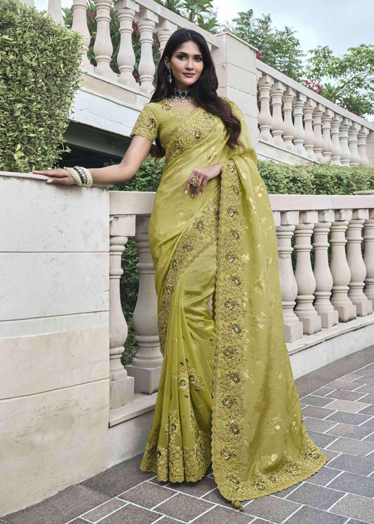 Yellow Heavy Embroidered Tissue Silk Saree - Indian Paridhan 