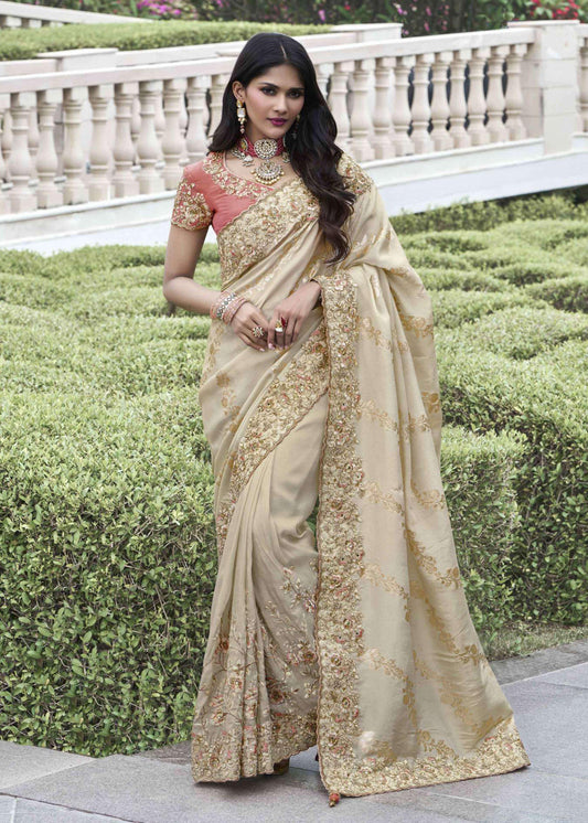 Beige Heavy Embroidered Tissue Silk Saree - Indian Paridhan 