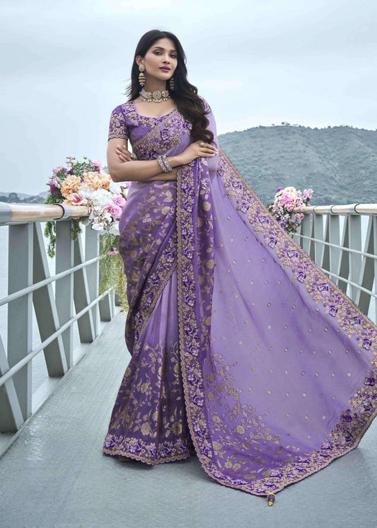 Lavender Heavy Embroidered Saree In Silk - Indian Paridhan 