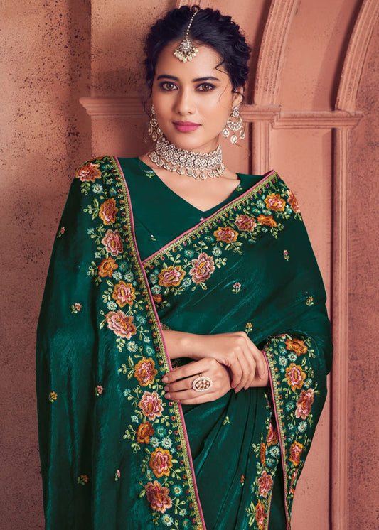 Green Thread Embroidered Organza Silk Saree