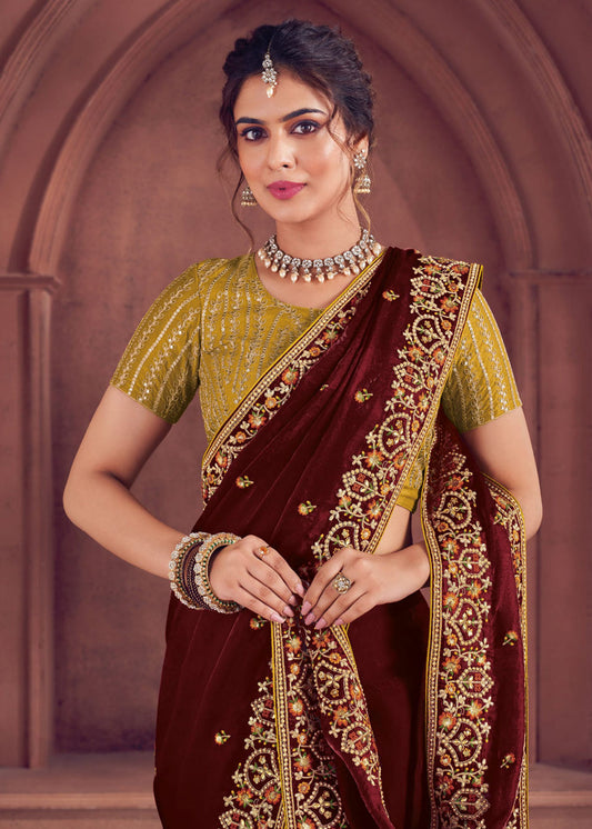 Maroon Zari Embroidered Organza Silk Saree