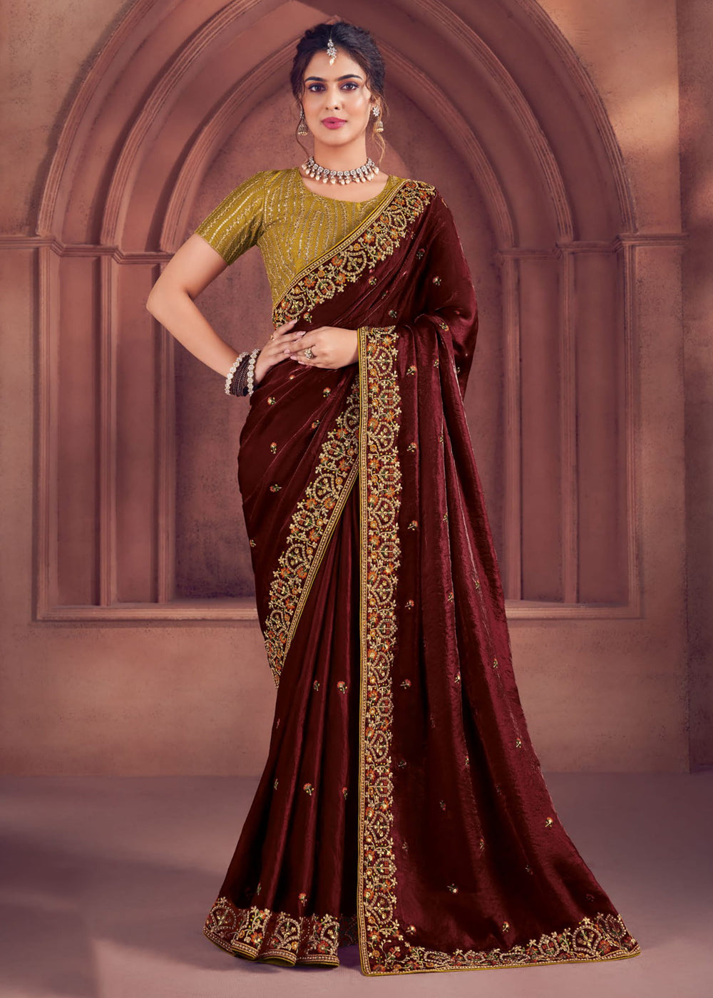 Maroon Zari Embroidered Organza Silk Saree