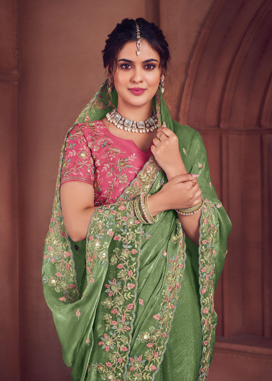 Green Thread Embroidered In Saree Organza Silk