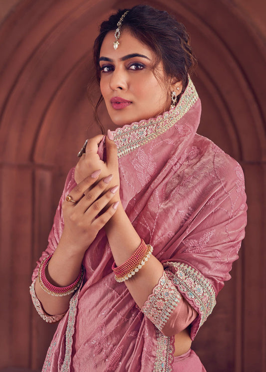 Pink Thread Embroidered In Saree Organza Silk