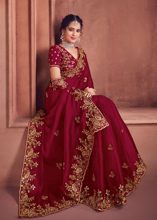 Maroon Thread Embroidered Organza Silk Saree