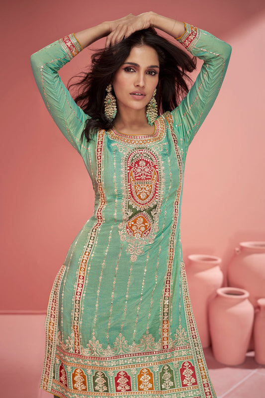 Green Heavy Embroidered Sharara Suit In Silk