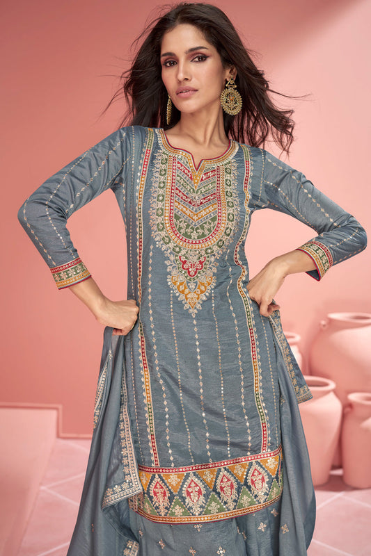 Grey Sequin Embroidered Silk Sharara Suit