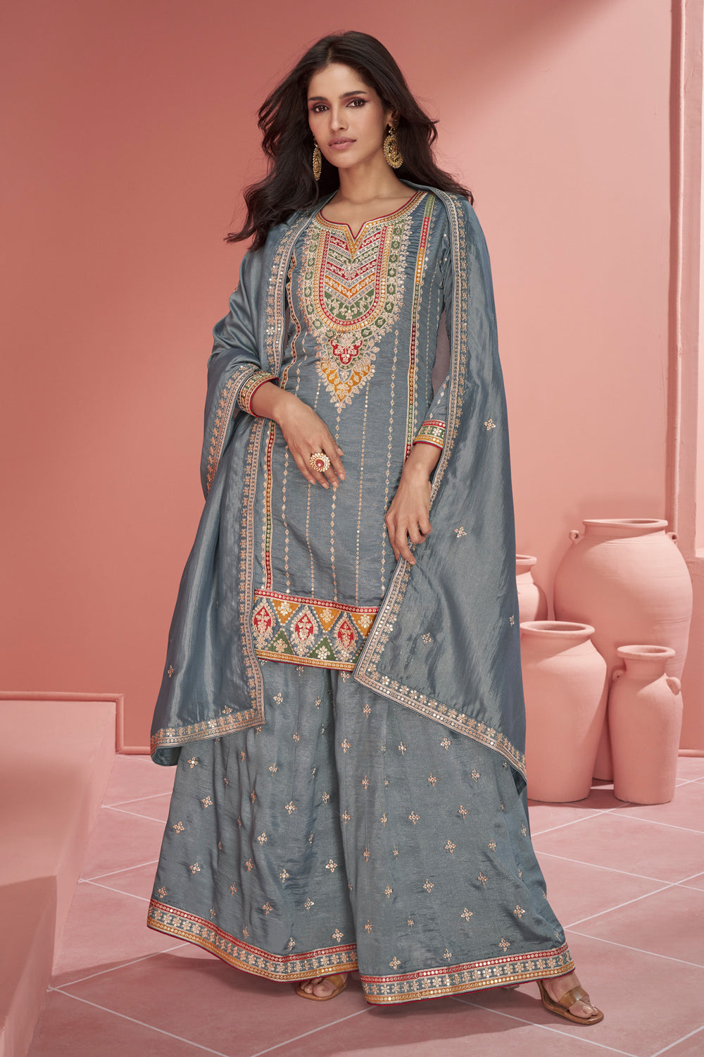 Grey Sequin Embroidered Silk Sharara Suit