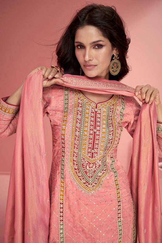 Pink Sequin Embroidered Silk Sharara Salwar Suit