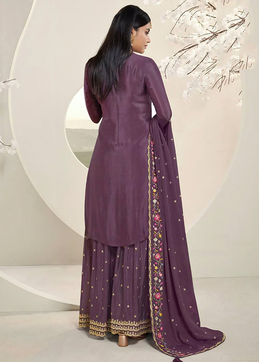 Purple Chinon Silk Embroidered Sharara Suit